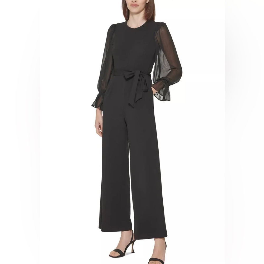 Calvin Klein Women's Black Belted Chiffon Sleeve Jumpsuit Flare Leg S